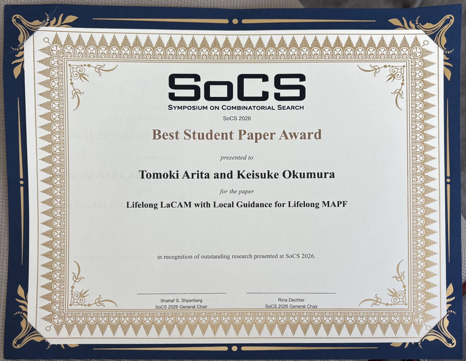 [SoCS2026] Best Student Paper Award 受賞